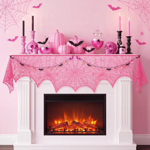 Pink Halloween Mantel Scarf Decoration Indoor Lace Spider Web Festive Decor