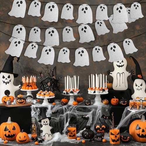 Halloween Ghost Banner Decorations - 3 Pack White Glitter Hanging Spooky Party Garland - Variation: Ghost