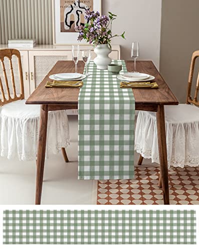 Sage Green Buffalo Plaid Table Runner 48 Inch - Farmhouse Kitchen Decor - Sage Green & White
