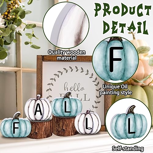 Fall Pumpkin Wooden Sign Set - Blue & White Harvest Decor for Thanksgiving & Autumn Home