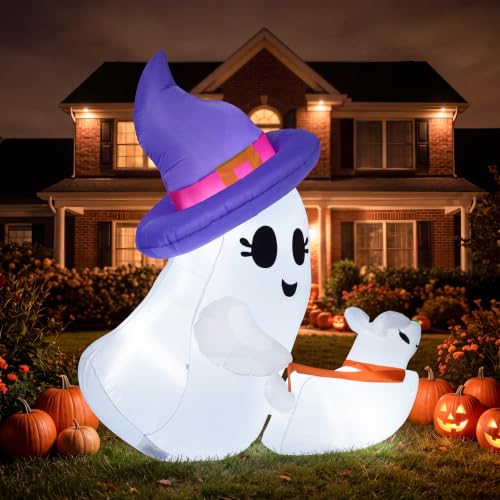 6 FT Halloween Inflatable Ghost & Dog Yard Decor with LED Lights - Outdoor Spooky Decoration
