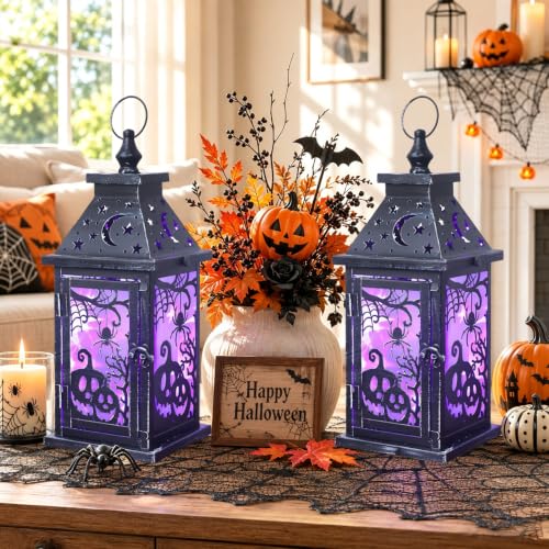Halloween Lantern Set of 2 Indoor & Outdoor Spider & Pumpkin Candle Holders with LED Lights - 14.7 Inch, 8 Modes