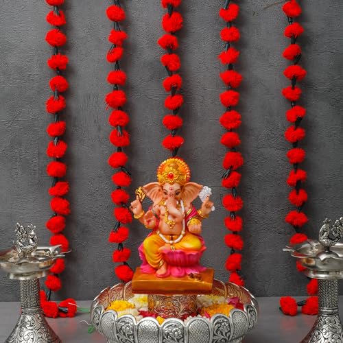 Red Woolen Marigold Garland - Artificial Flower Decor for Indian Weddings & Festivals - Pack of 5