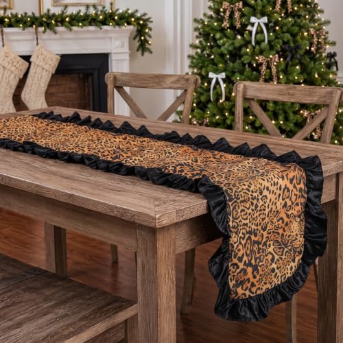 Christmas Leopard Table Runner with Black Ruffle Border - 13x72 Inches