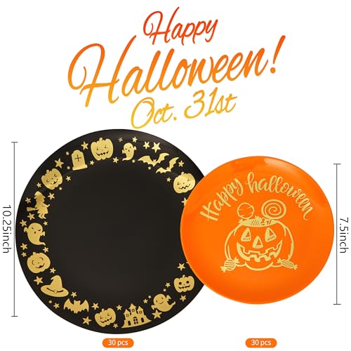 Halloween 2 Plastic Plates Set for 30 Guests - Black Gold Ghost & Orange Pumpkin