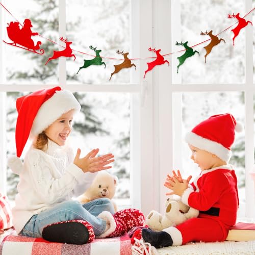 Christmas Banner Santa Sleigh and Reindeer Felt Garland Indoor Holiday Decorations