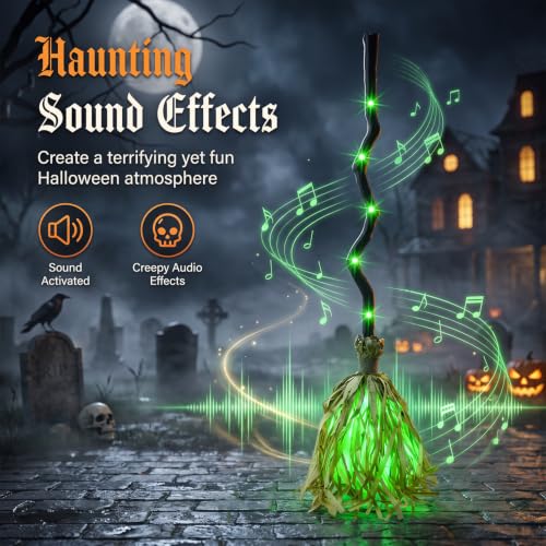 Animated Halloween Witch Broom Lighted Prop - Spooky Green LED, Sound & Motion