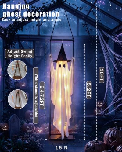 Large Halloween Hanging Ghost Decor - 5.2FT Outdoor Swing Ghost with Lights & Face Customization
