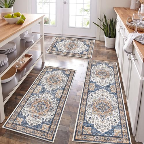 Boho Kitchen Rugs Set of 3 with Runner - Blue/Orange, Non Slip Washable Floor Mats