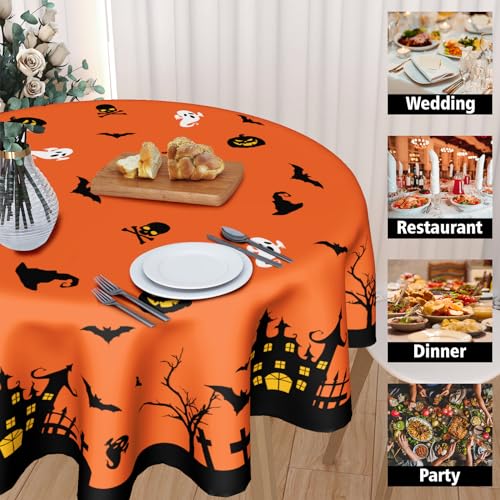 Halloween Round Tablecloth 60 Inch Orange with Haunted House & Bats - Fall Leaves Variation