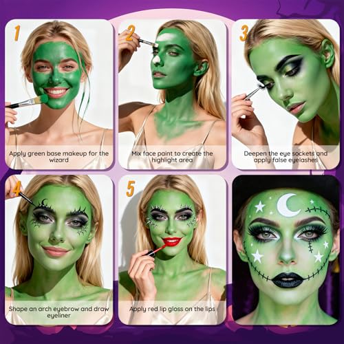 Witch Makeup Kit for Halloween Face Paint SFX Costume - Green Face Paint, Brushes, Lashes