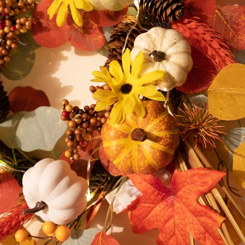 18-Inch Fall Halloween Wreath with Lights & Timer - White, Green, Brown