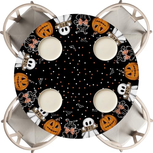 Halloween Fitted Tablecloth for 45-56 Inch Round Tables - Ghost Bunny, Black, 56 Inch