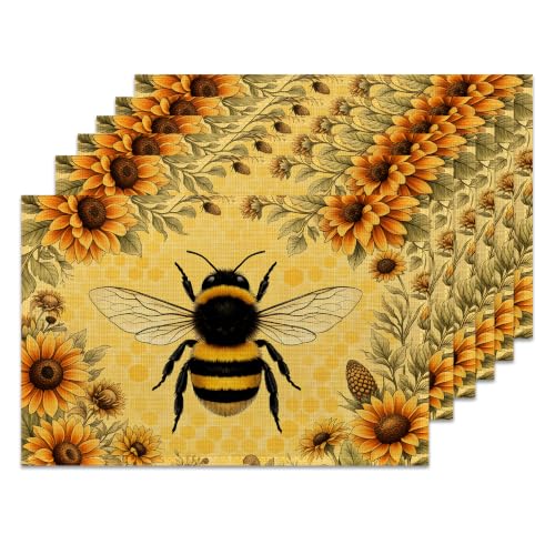 Farmhouse Bee Floral Linen Placemats Set of 6 - Waterproof Washable Table Mats