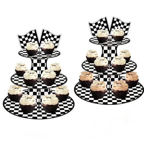 Race-Themed 2 Pack 3-Tier Cupcake Stand Checkered Flag Cardboard Tower Holder - Purple