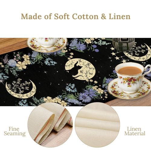 Black Cat Moon Phase Table Runner - Blue Moonphase, 13x36 Inch, Rustic Linen Decor
