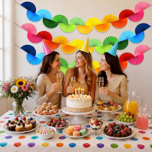 Rainbow Paper Fan Garland 15.6ft - 3 Pack Ceiling Decor, Party & Event Backdrop
