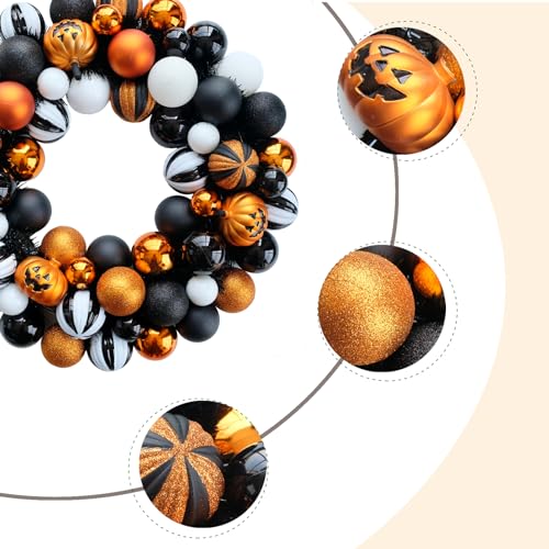Halloween Wreath for Front Door - 18-Inch Artificial Ball Wreath Halloween Decor - Black, Gold, White Balls