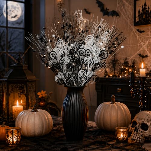 Black & White Halloween Glitter Branches Picks - 60 Pcs Spooky Decor