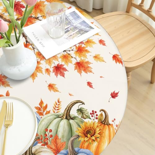 Fall Pumpkin Round Fitted Tablecloth Orange Maple Leaf Waterproof 40-44 Inch