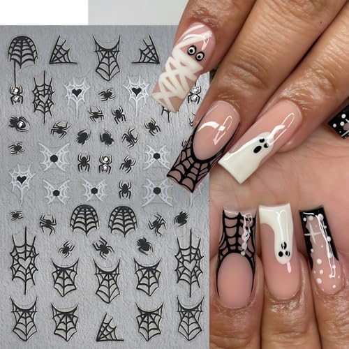 Halloween Crystal Diamonds Spider Web Nail Stickers - Self-Adhesive 3D Decals, Ghost & Bloody Design, 4 Sheets