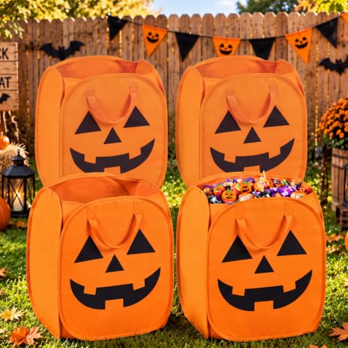 Halloween Pumpkin Candy Buckets Set - Foldable 25 Gallon Trick-or-Treat Baskets