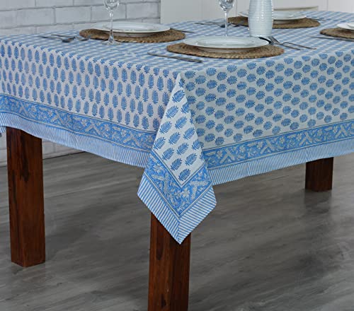 Cerulean Blue Hand Block Print Cotton Tablecloth 140x72 Rectangle - Rustic Farmhouse Style