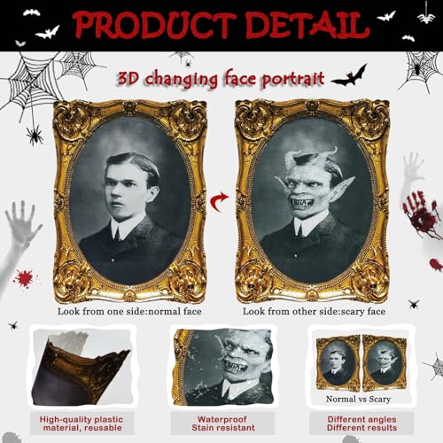 3D Moving Portrait Halloween Wall Decor Set - Spooky Optical Illusion, Gothic Frame, 4 Pack
