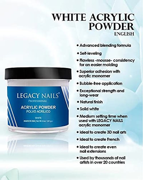Legacy Nails White Acrylic Powder - High-Quality, Fast-Drying Formula for Nail Extensions | 4oz/113g