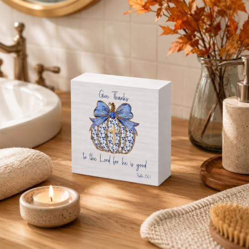 Chinoiserie Fall Wooden Box Sign Desk Decor - Blue Bow - 5x5 Inch