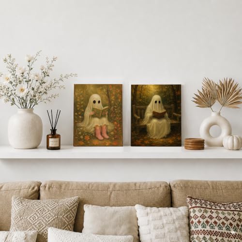 Ghost Reading Book Wall Art Decor Set of 4 - Halloween Fall Whimsical 8x10 Inch