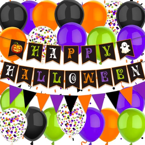 Halloween Balloon Decorations Set with Banner and Flags - 22pcs Party Supplies