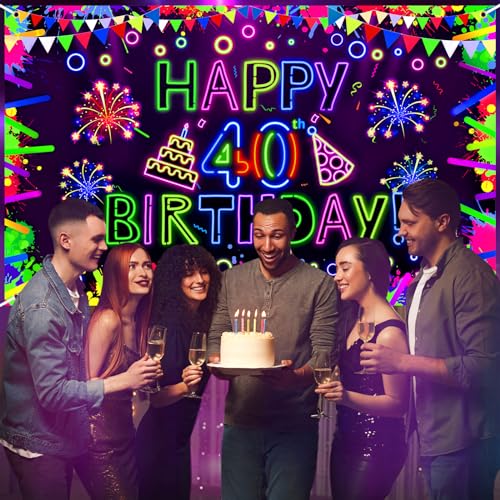 Neon 40th Birthday Banner - Glow in The Dark Party Decorations with UV Blacklight