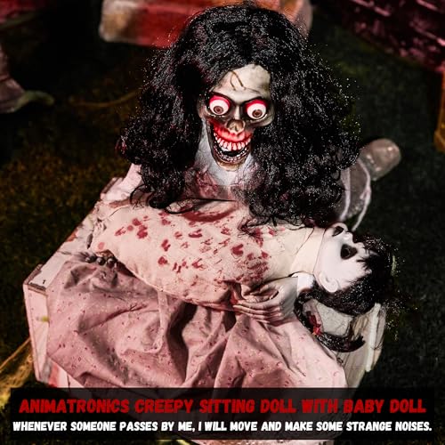 Animatronics Sitting Skeleton & Doll Halloween Decor - Sound & Light Up Eyes