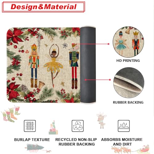 Christmas Kitchen Rugs Set with Nutcracker Red Pattern - Non-Slip Holiday Door Mat and Runner
