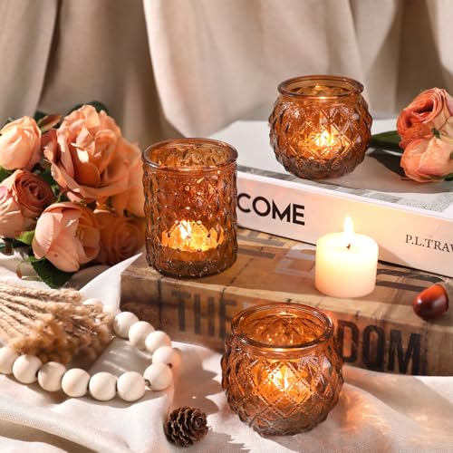 Amber Votive Candle Holders Set of 24 Glass Tea Light Holders for Wedding Home Decor