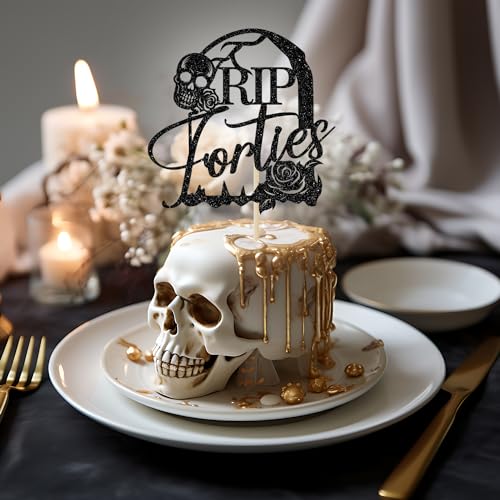 Rip Forties Cake Topper - Black Glitter Rip to My 40s Birthday Decorations