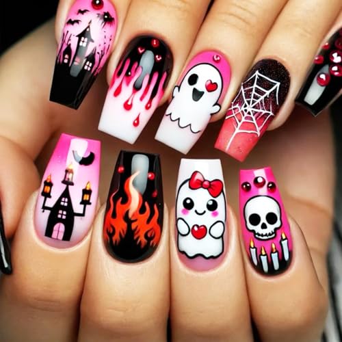 Halloween Press On Nails Set - Glossy Pink Blood Ghost Skull Spiders Variation 59