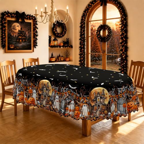 Halloween Tablecloth Oval 60x84 Inch Ghost Bat Pumpkin Castle - Spooky Decor