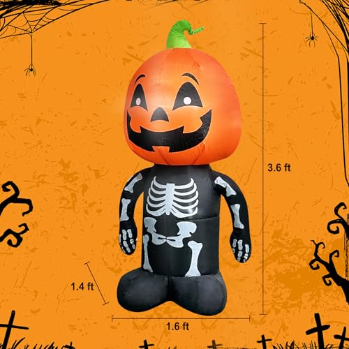 4FT Halloween Inflatable Skull Skeleton with Pumpkin Lighted Yard Decor