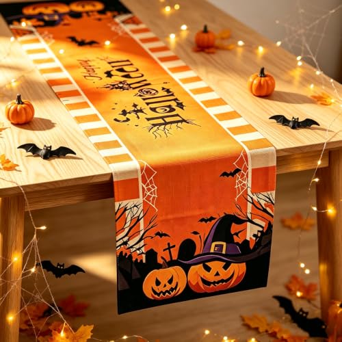 Halloween Table Runner Pumpkin Bat Linen - Orange, 72x13 Inches