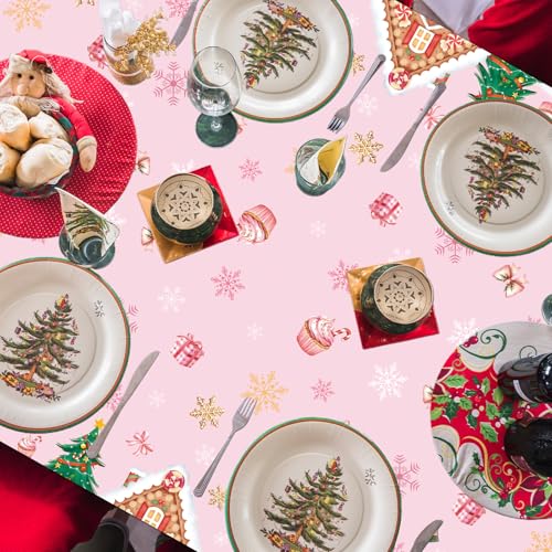Pink Gingerbread Disposable Christmas Tablecloth Set - 3 Pieces 54x108 Inches