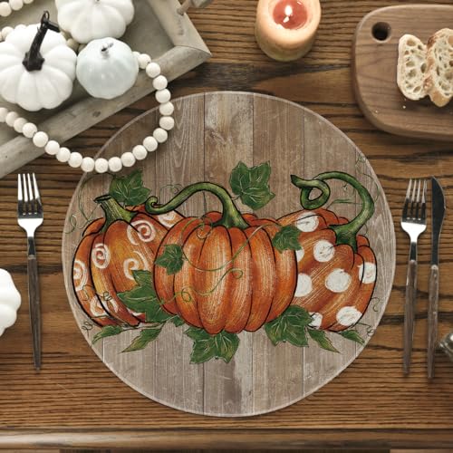 Round Wood Pumpkins Fall Placemats Set of 4 - 14 Inch - Artoid Mode