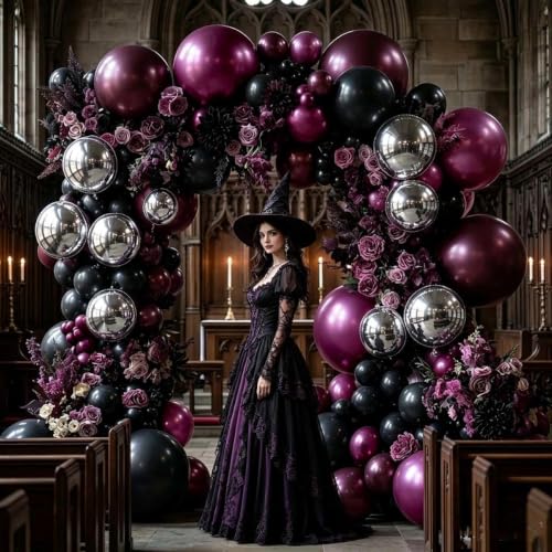 Black Purple Balloon Arch Kit Double Stuffed Purple Silver Foil Balloons