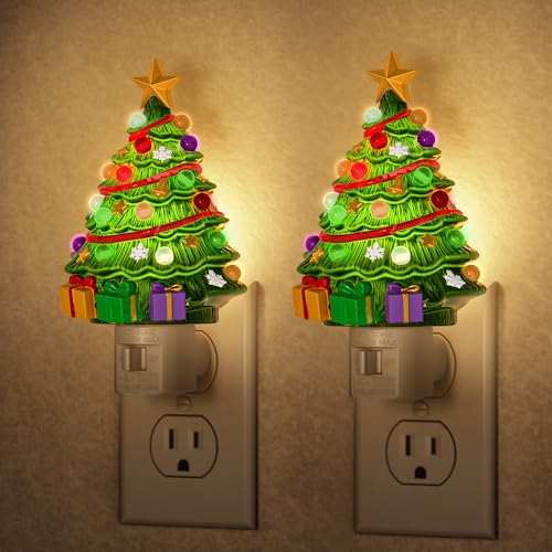 Christmas Tree Night Light - 3000K Warm White Plug-in Wall Light - 2 Pack