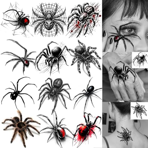 Spider Temporary Tattoos - 12 Sheets Realistic 3D Spider Web Halloween Body Art