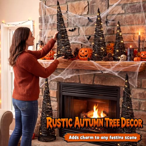 Halloween Rattan Cone Trees Set - Lighted Black Decor for Haunted House, 24/16/12 Inch - Variation: Black / Halloween