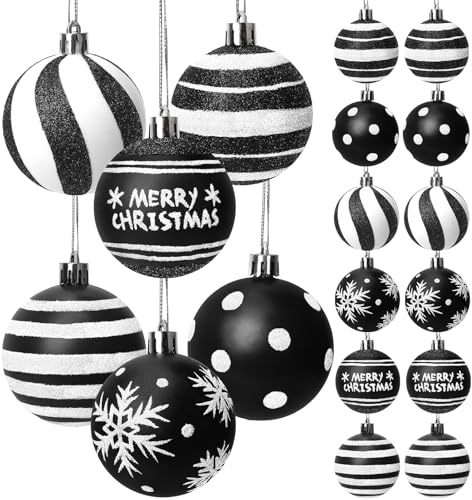 Black and White Christmas Ornaments Set - 12 Shatterproof Holiday Decorations