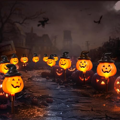 Solar Jack O Lantern Stake String Lights - Halloween Pathway Decor, Outdoor Waterproof Yard Lights