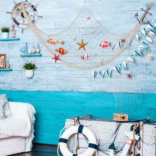 Natural Fish Net Decoration Set for Ocean & Mermaid Party, Beach Wall Hangings - Beige, 6 Pack